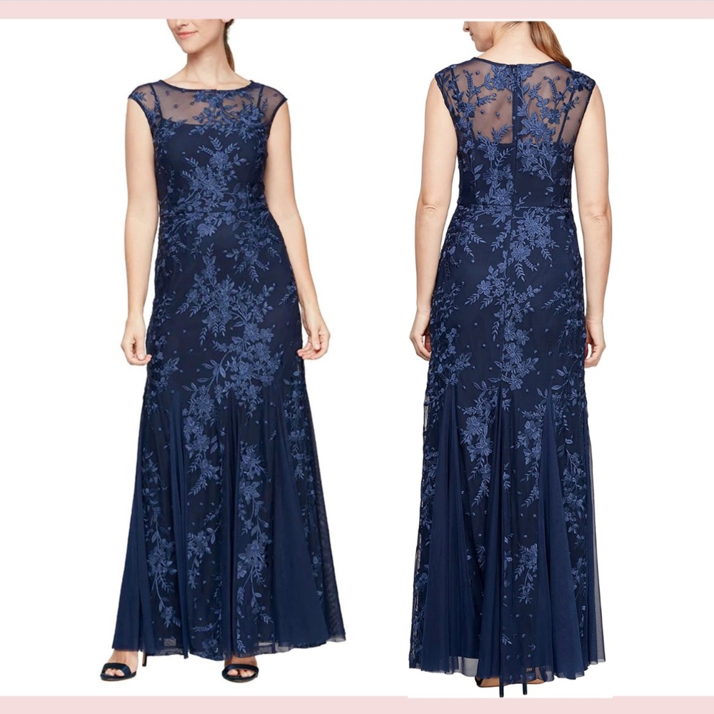 NEW $219 Alex Evenings [ 14 ] Illusion Neck Lace Embroider Godet‎ Gown Navy